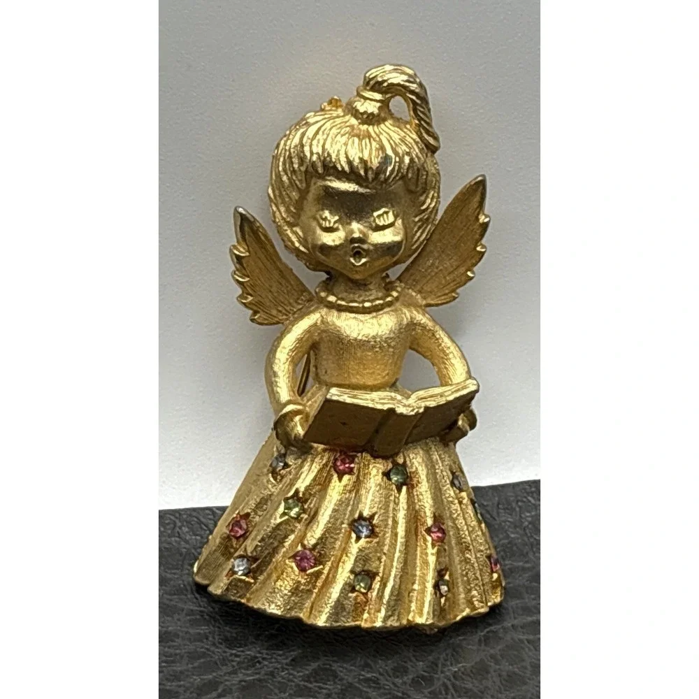 Vintage Mylu Gold Tone Angel Wings Hymn Book Brooch Pin Crystal Rhinestones
